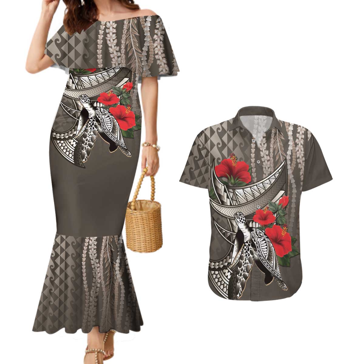 Hawaiian Honu Personalized Couples Matching Mermaid Dress and Hawaiian Shirt Mocha Mousse Hibiscus Tribal Hook Pattern
