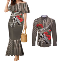 Hawaiian Honu Personalized Couples Matching Mermaid Dress and Long Sleeve Button Shirt Mocha Mousse Hibiscus Tribal Hook Pattern LT9 Mocha - Polynesian Pride