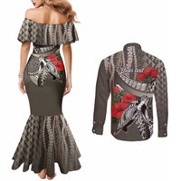 Hawaiian Honu Personalized Couples Matching Mermaid Dress and Long Sleeve Button Shirt Mocha Mousse Hibiscus Tribal Hook Pattern LT9 - Polynesian Pride