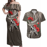 Hawaiian Honu Personalized Couples Matching Off Shoulder Maxi Dress and Hawaiian Shirt Mocha Mousse Hibiscus Tribal Hook Pattern