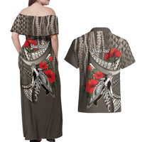 Hawaiian Honu Personalized Couples Matching Off Shoulder Maxi Dress and Hawaiian Shirt Mocha Mousse Hibiscus Tribal Hook Pattern