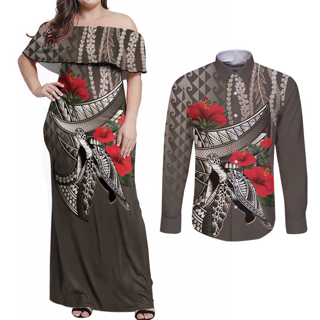 Hawaiian Honu Personalized Couples Matching Off Shoulder Maxi Dress and Long Sleeve Button Shirt Mocha Mousse Hibiscus Tribal Hook Pattern LT9 Mocha - Polynesian Pride