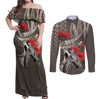 Hawaiian Honu Personalized Couples Matching Off Shoulder Maxi Dress and Long Sleeve Button Shirt Mocha Mousse Hibiscus Tribal Hook Pattern LT9 Mocha - Polynesian Pride