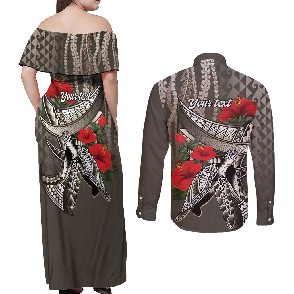 Hawaiian Honu Personalized Couples Matching Off Shoulder Maxi Dress and Long Sleeve Button Shirt Mocha Mousse Hibiscus Tribal Hook Pattern LT9 - Polynesian Pride