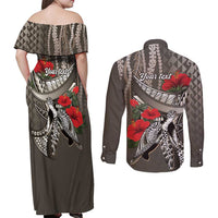 Hawaiian Honu Personalized Couples Matching Off Shoulder Maxi Dress and Long Sleeve Button Shirt Mocha Mousse Hibiscus Tribal Hook Pattern LT9 - Polynesian Pride