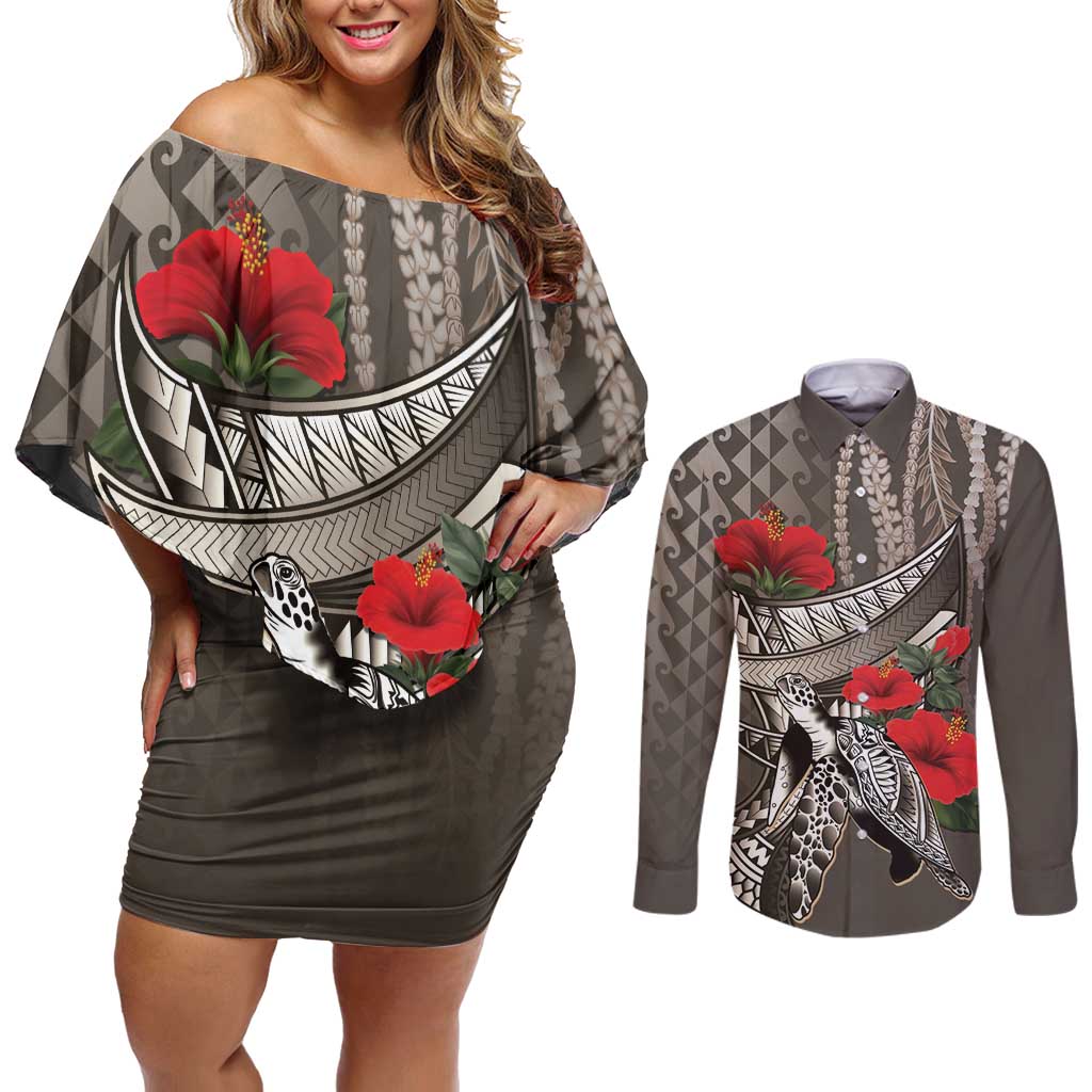 Hawaiian Honu Personalized Couples Matching Off Shoulder Short Dress and Long Sleeve Button Shirt Mocha Mousse Hibiscus Tribal Hook Pattern