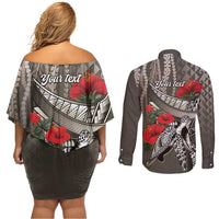 Hawaiian Honu Personalized Couples Matching Off Shoulder Short Dress and Long Sleeve Button Shirt Mocha Mousse Hibiscus Tribal Hook Pattern
