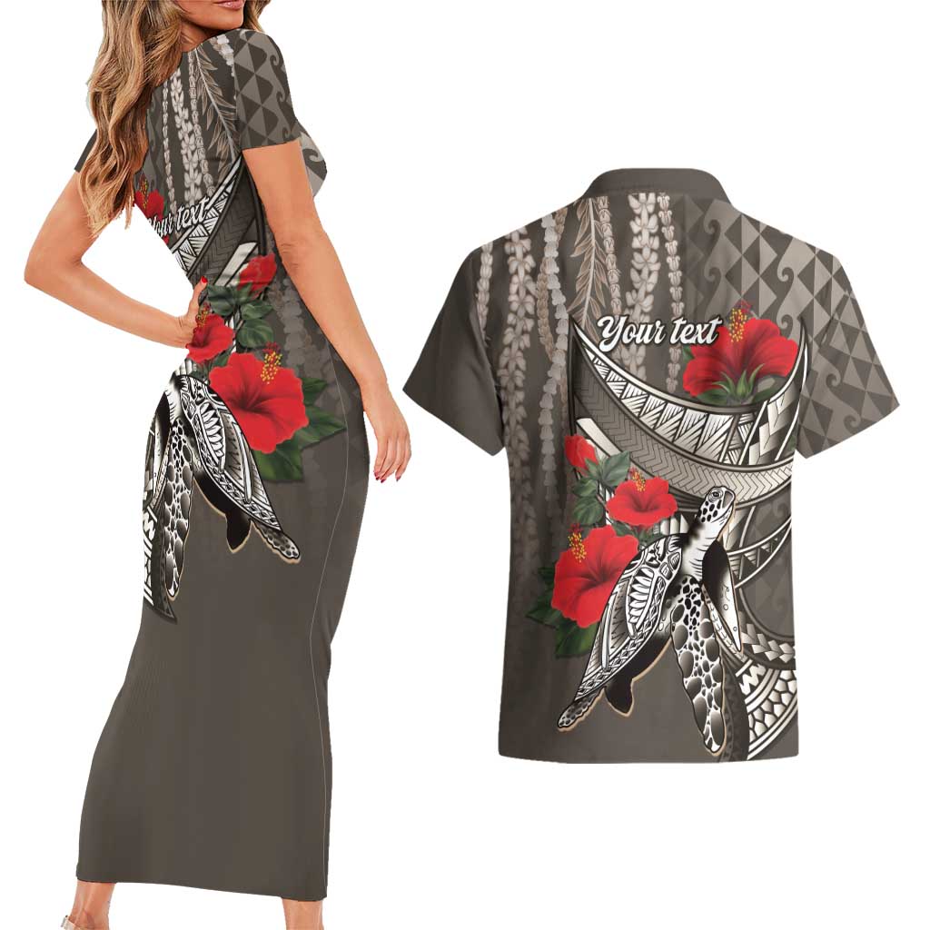 Hawaiian Honu Personalized Couples Matching Short Sleeve Bodycon Dress and Hawaiian Shirt Mocha Mousse Hibiscus Tribal Hook Pattern LT9 - Polynesian Pride