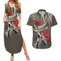 Hawaiian Honu Personalized Couples Matching Summer Maxi Dress and Hawaiian Shirt Mocha Mousse Hibiscus Tribal Hook Pattern