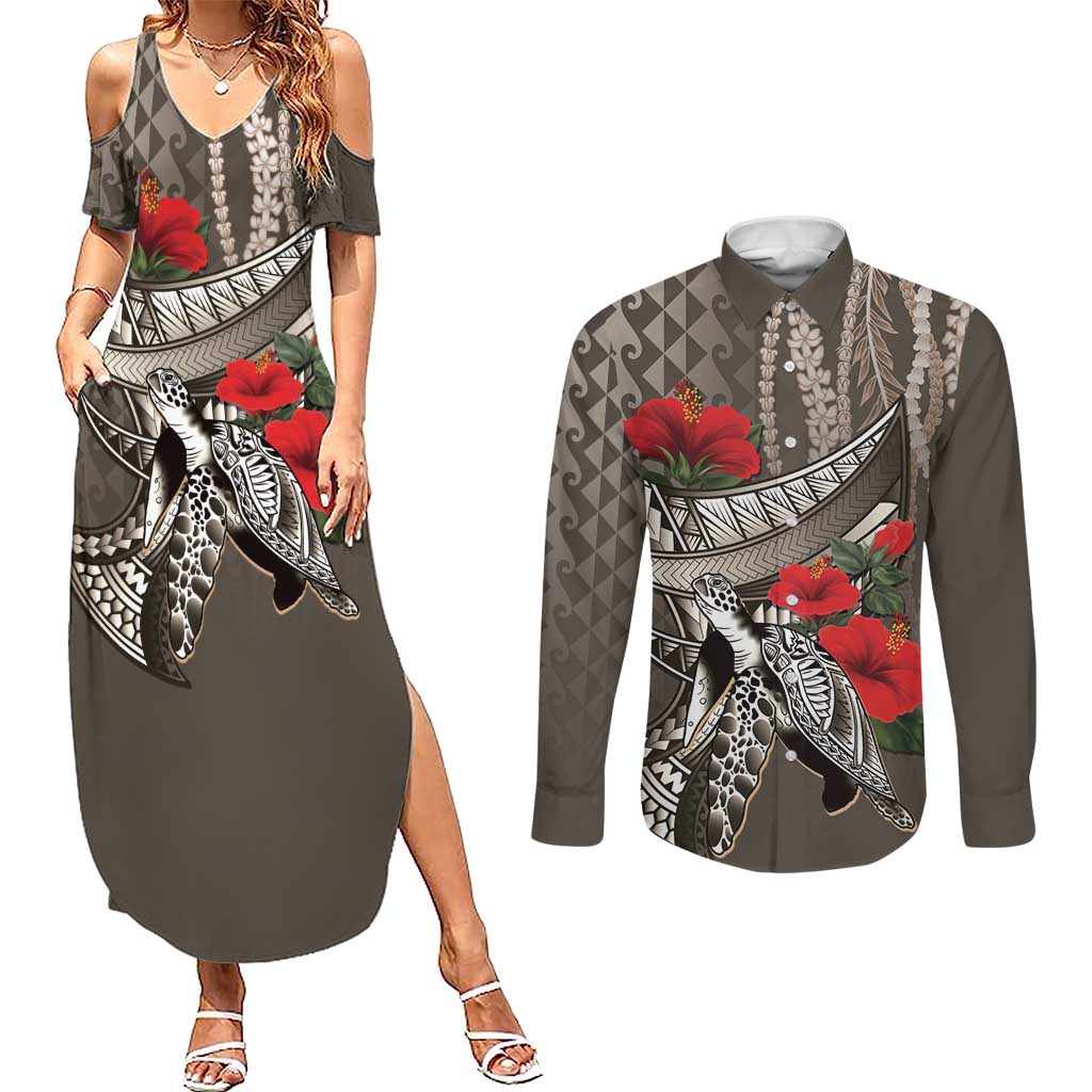 Hawaiian Honu Personalized Couples Matching Summer Maxi Dress and Long Sleeve Button Shirt Mocha Mousse Hibiscus Tribal Hook Pattern LT9 Mocha - Polynesian Pride