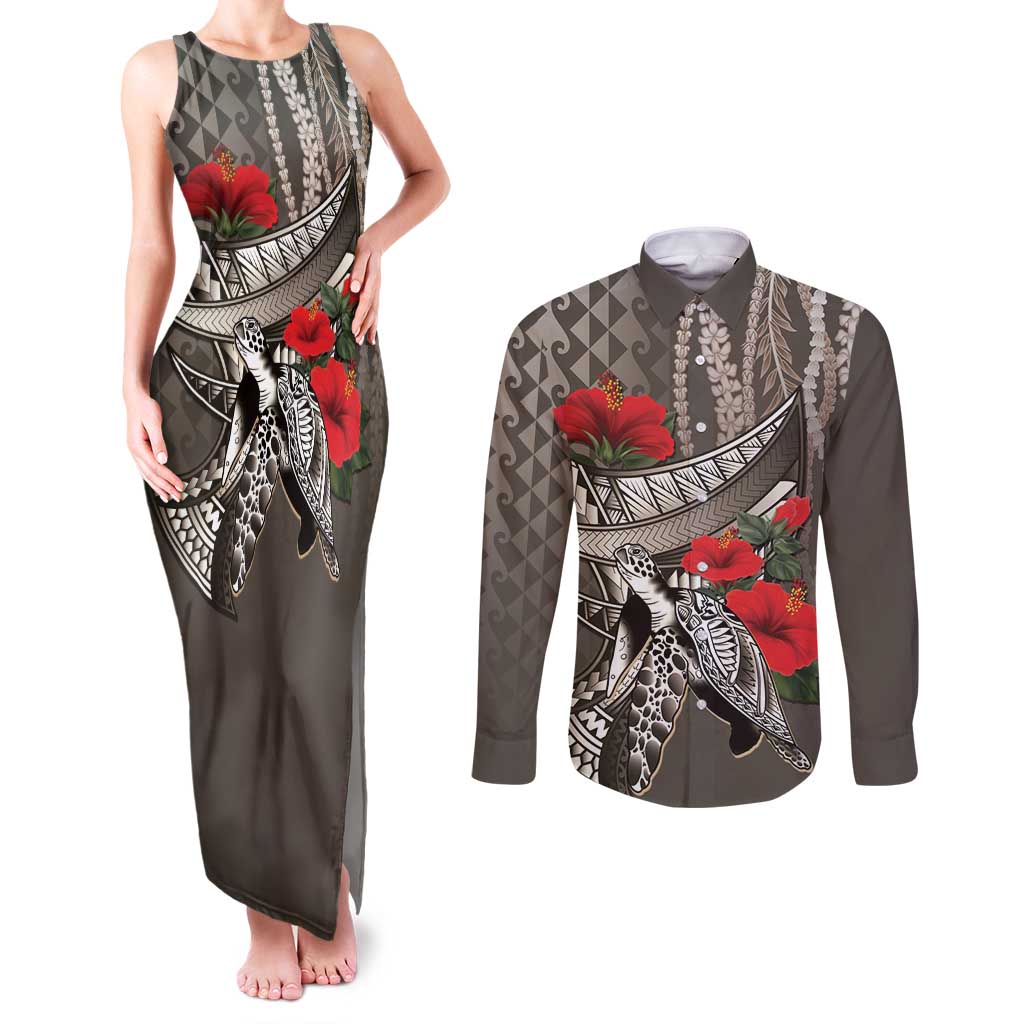 Hawaiian Honu Personalized Couples Matching Tank Maxi Dress and Long Sleeve Button Shirt Mocha Mousse Hibiscus Tribal Hook Pattern