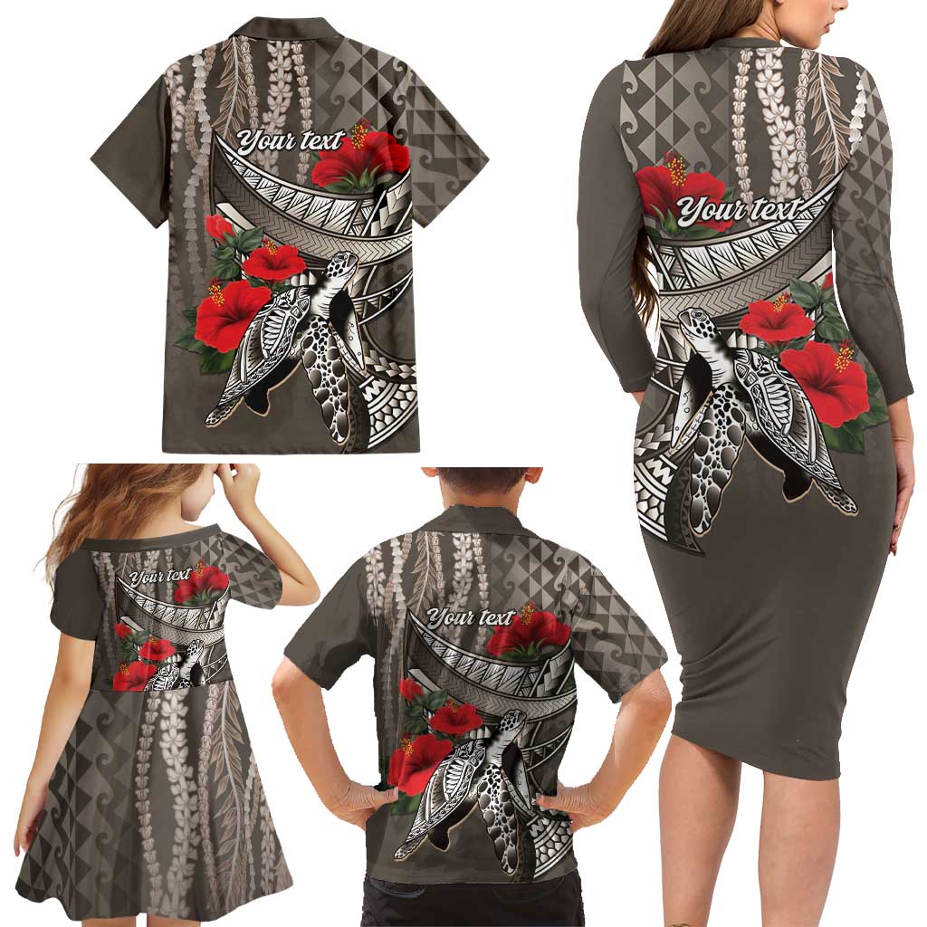 Hawaiian Honu Personalized Family Matching Long Sleeve Bodycon Dress and Hawaiian Shirt Mocha Mousse Hibiscus Tribal Hook Pattern LT9 - Polynesian Pride