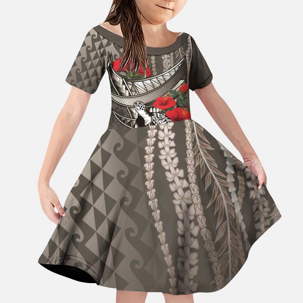 Hawaiian Honu Personalized Family Matching Off The Shoulder Long Sleeve Dress and Hawaiian Shirt Mocha Mousse Hibiscus Tribal Hook Pattern LT9 Daughter's Dress Mocha - Polynesian Pride