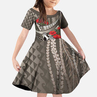 Hawaiian Honu Personalized Family Matching Off The Shoulder Long Sleeve Dress and Hawaiian Shirt Mocha Mousse Hibiscus Tribal Hook Pattern LT9 Daughter's Dress Mocha - Polynesian Pride