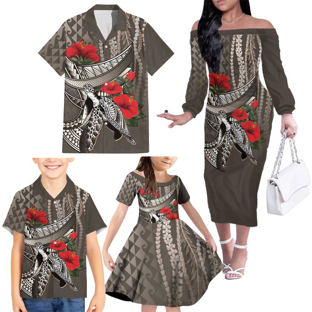 Hawaiian Honu Personalized Family Matching Off The Shoulder Long Sleeve Dress and Hawaiian Shirt Mocha Mousse Hibiscus Tribal Hook Pattern LT9 - Polynesian Pride