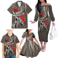 Hawaiian Honu Personalized Family Matching Off The Shoulder Long Sleeve Dress and Hawaiian Shirt Mocha Mousse Hibiscus Tribal Hook Pattern LT9 - Polynesian Pride
