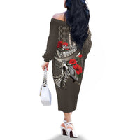Hawaiian Honu Personalized Family Matching Off The Shoulder Long Sleeve Dress and Hawaiian Shirt Mocha Mousse Hibiscus Tribal Hook Pattern LT9 - Polynesian Pride