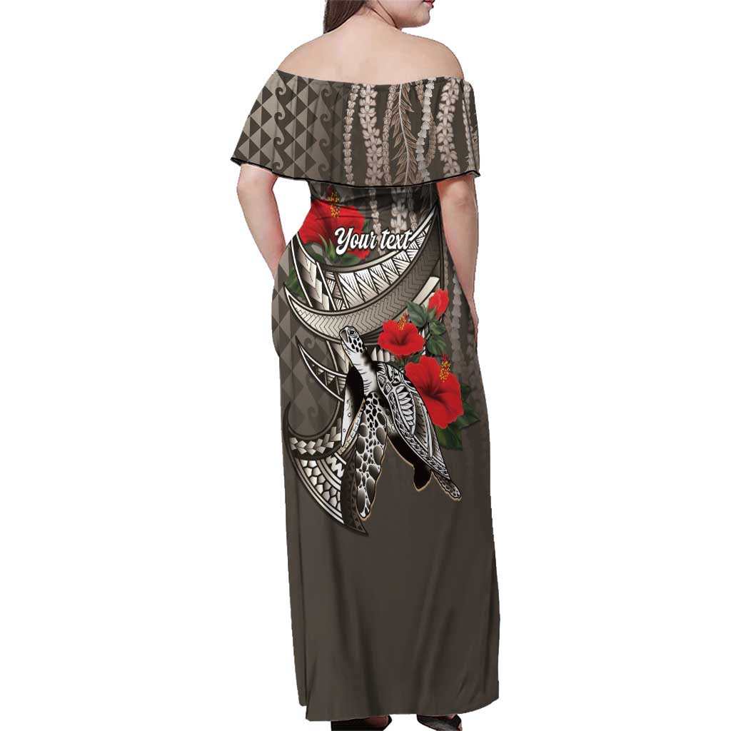 Hawaiian Honu Personalized Family Matching Off Shoulder Maxi Dress and Hawaiian Shirt Mocha Mousse Hibiscus Tribal Hook Pattern