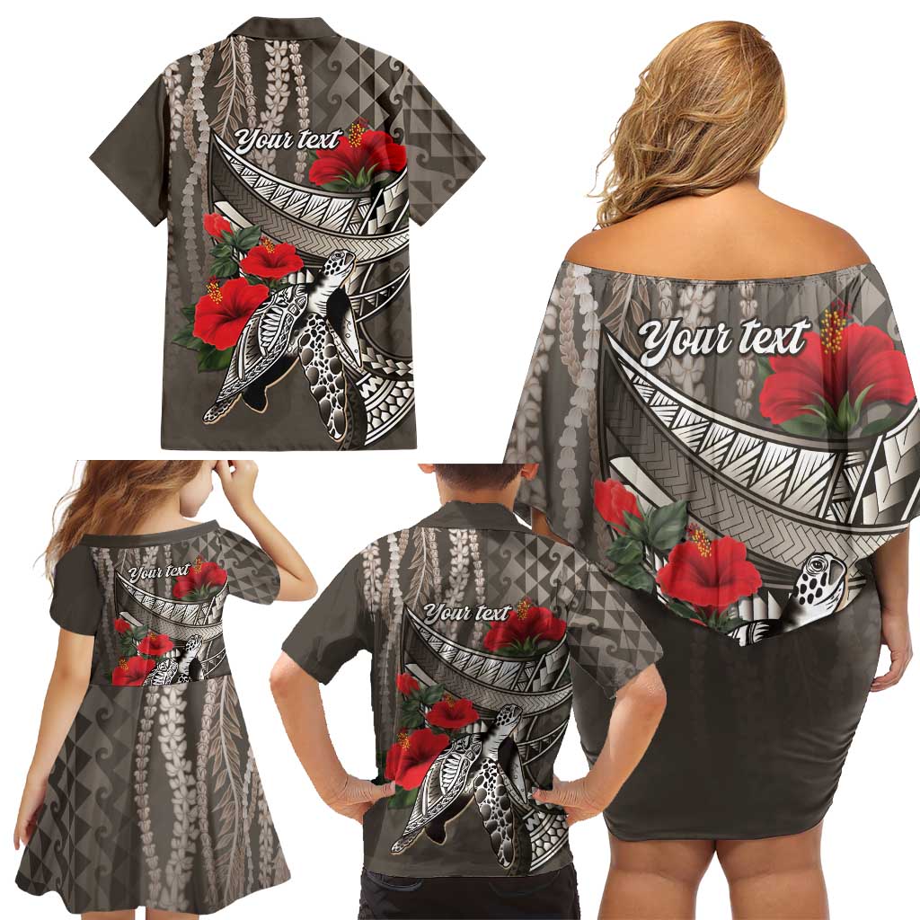 Hawaiian Honu Personalized Family Matching Off Shoulder Short Dress and Hawaiian Shirt Mocha Mousse Hibiscus Tribal Hook Pattern LT9 - Polynesian Pride