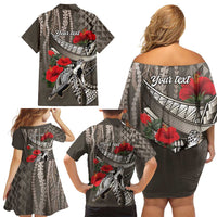 Hawaiian Honu Personalized Family Matching Off Shoulder Short Dress and Hawaiian Shirt Mocha Mousse Hibiscus Tribal Hook Pattern LT9 - Polynesian Pride