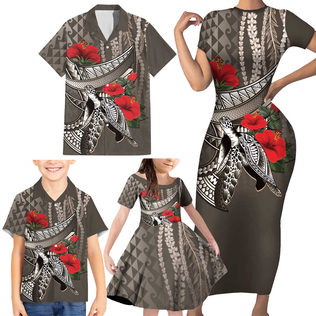 Hawaiian Honu Personalized Family Matching Short Sleeve Bodycon Dress and Hawaiian Shirt Mocha Mousse Hibiscus Tribal Hook Pattern