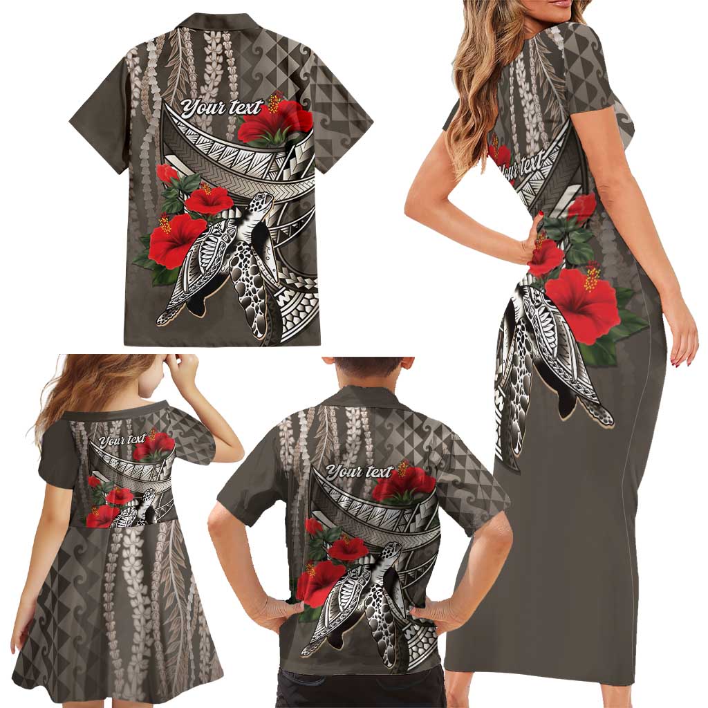 Hawaiian Honu Personalized Family Matching Short Sleeve Bodycon Dress and Hawaiian Shirt Mocha Mousse Hibiscus Tribal Hook Pattern LT9 - Polynesian Pride