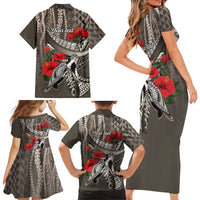 Hawaiian Honu Personalized Family Matching Short Sleeve Bodycon Dress and Hawaiian Shirt Mocha Mousse Hibiscus Tribal Hook Pattern LT9 - Polynesian Pride