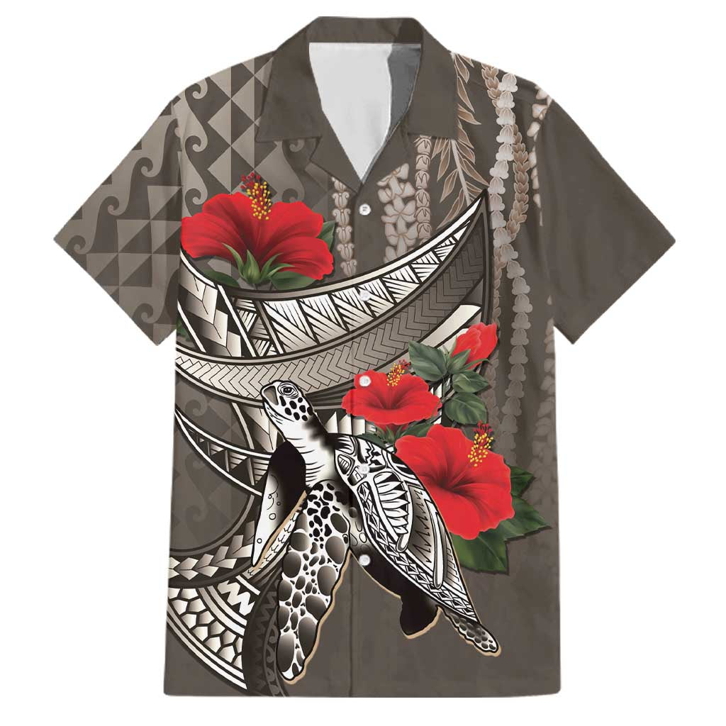 Hawaiian Honu Personalized Family Matching Short Sleeve Bodycon Dress and Hawaiian Shirt Mocha Mousse Hibiscus Tribal Hook Pattern LT9 Dad's Shirt - Short Sleeve Mocha - Polynesian Pride