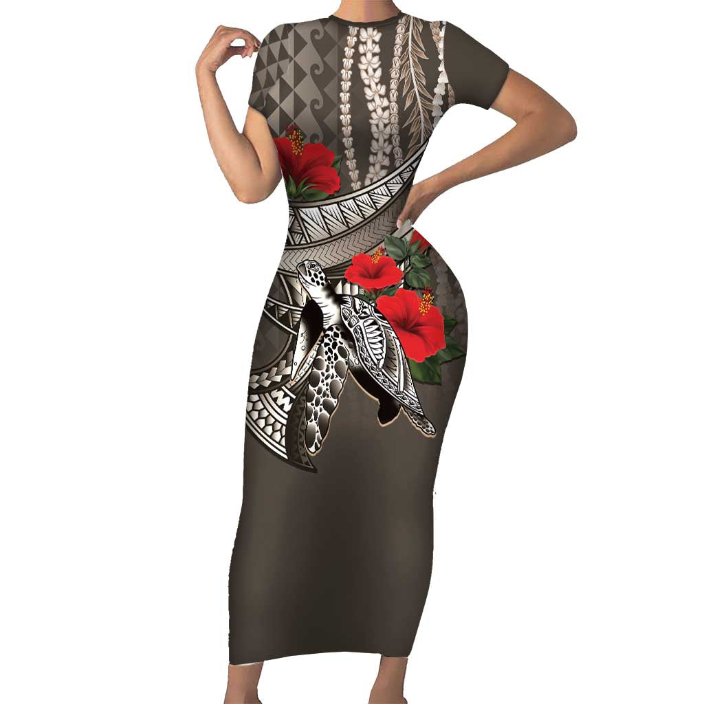 Hawaiian Honu Personalized Family Matching Short Sleeve Bodycon Dress and Hawaiian Shirt Mocha Mousse Hibiscus Tribal Hook Pattern LT9 Mom's Dress Mocha - Polynesian Pride