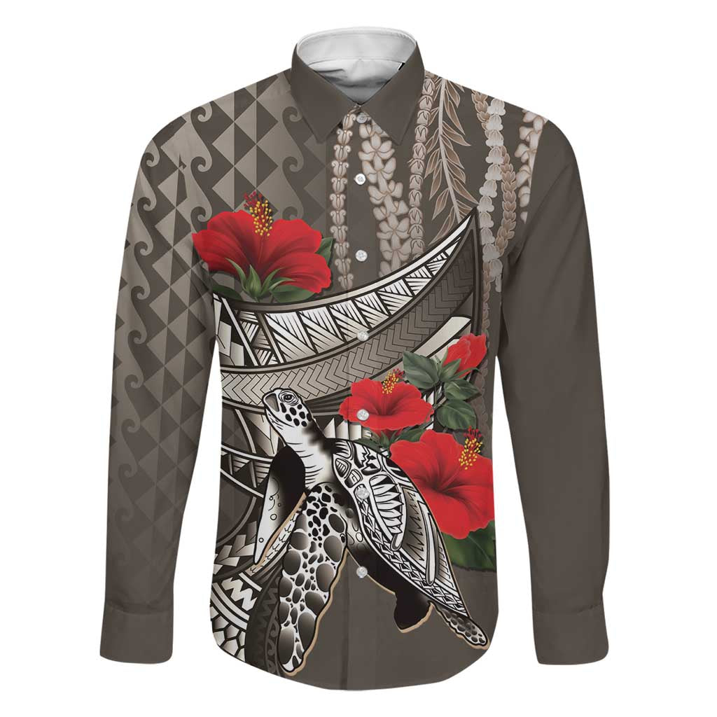 Hawaiian Honu Personalized Family Matching Summer Maxi Dress and Hawaiian Shirt Mocha Mousse Hibiscus Tribal Hook Pattern LT9 Dad's Shirt - Long Sleeve Mocha - Polynesian Pride