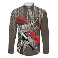 Hawaiian Honu Personalized Family Matching Summer Maxi Dress and Hawaiian Shirt Mocha Mousse Hibiscus Tribal Hook Pattern LT9 Dad's Shirt - Long Sleeve Mocha - Polynesian Pride