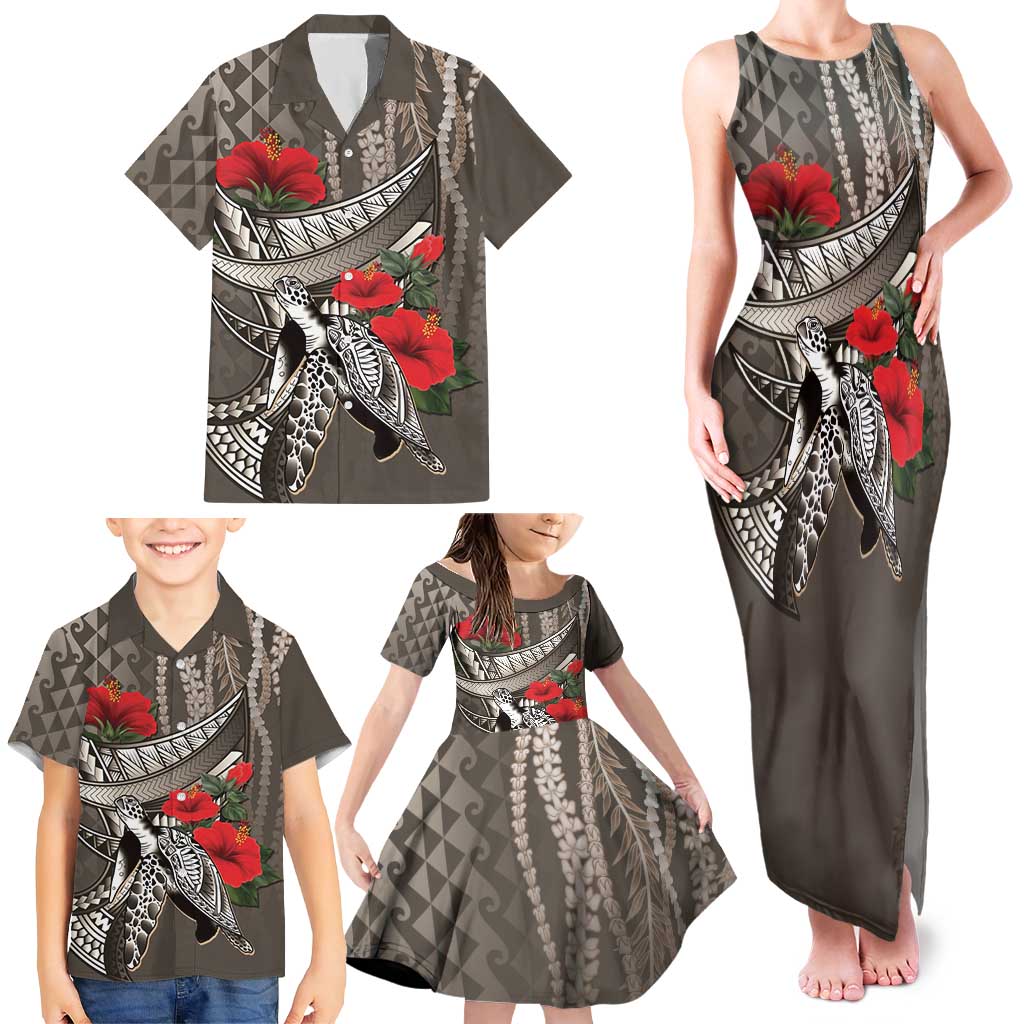 Hawaiian Honu Personalized Family Matching Tank Maxi Dress and Hawaiian Shirt Mocha Mousse Hibiscus Tribal Hook Pattern