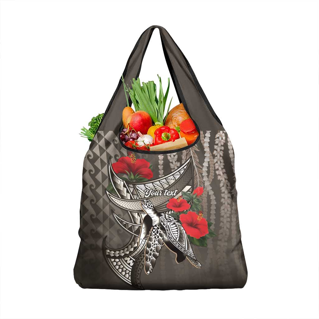 Hawaiian Honu Personalized Grocery Bag Mocha Mousse Hibiscus Tribal Hook Pattern