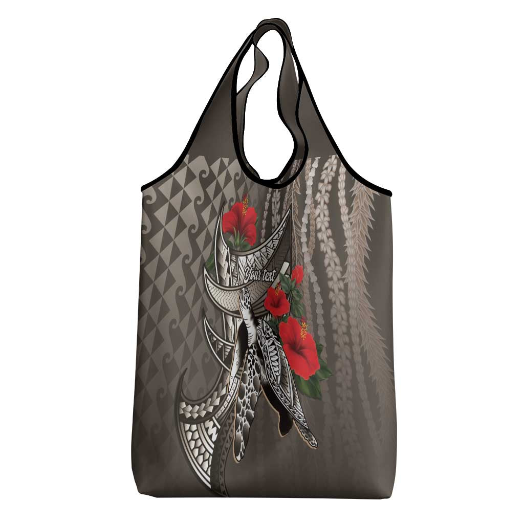 Hawaiian Honu Personalized Grocery Bag Mocha Mousse Hibiscus Tribal Hook Pattern