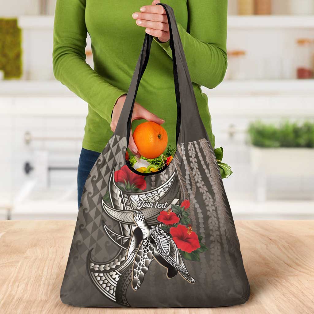 Hawaiian Honu Personalized Grocery Bag Mocha Mousse Hibiscus Tribal Hook Pattern
