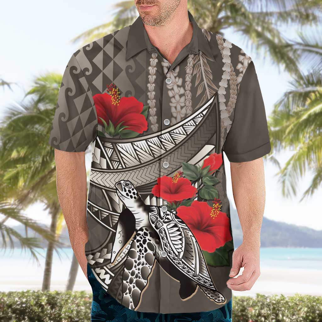 Hawaiian Honu Personalized Hawaiian Shirt Mocha Mousse Hibiscus Tribal Hook Pattern