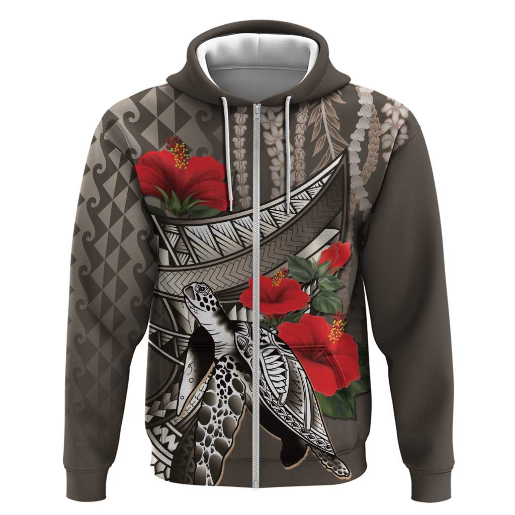 Hawaiian Honu Personalized Hoodie Mocha Mousse Hibiscus Tribal Hook Pattern LT9 Zip Hoodie Mocha - Polynesian Pride