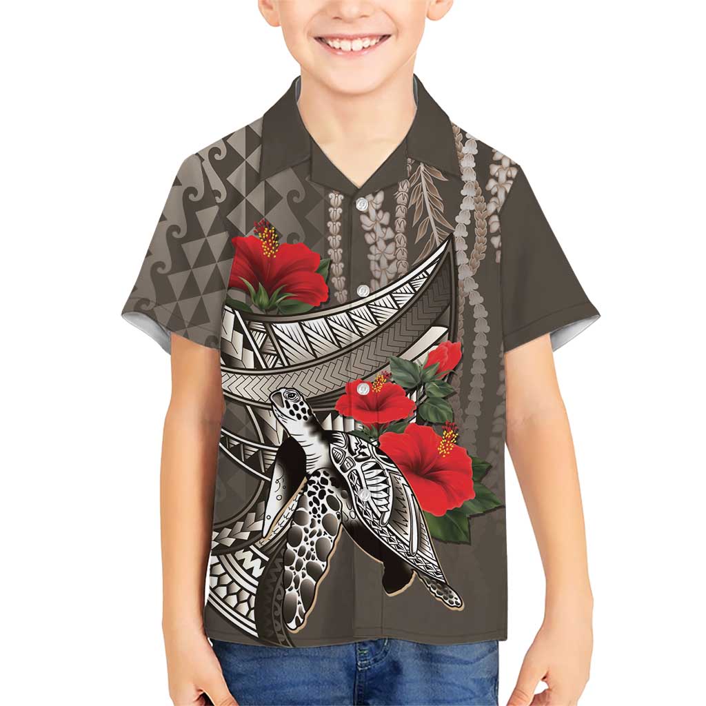 Hawaiian Honu Personalized Kid Hawaiian Shirt Mocha Mousse Hibiscus Tribal Hook Pattern