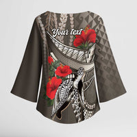 Hawaiian Honu Personalized Kimono Sleeve Blouse Mocha Mousse Hibiscus Tribal Hook Pattern