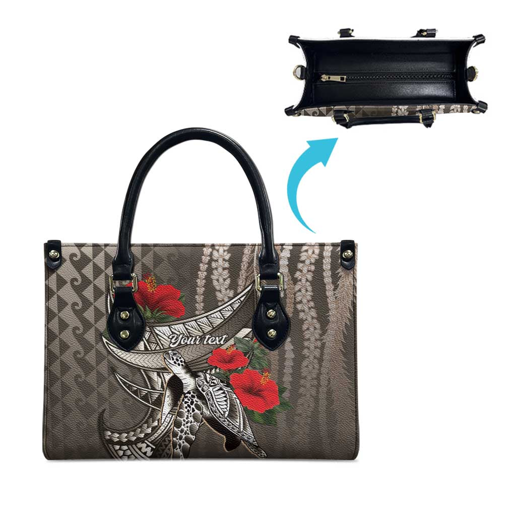 Hawaiian Honu Personalized Leather Bag Mocha Mousse Hibiscus Tribal Hook Pattern