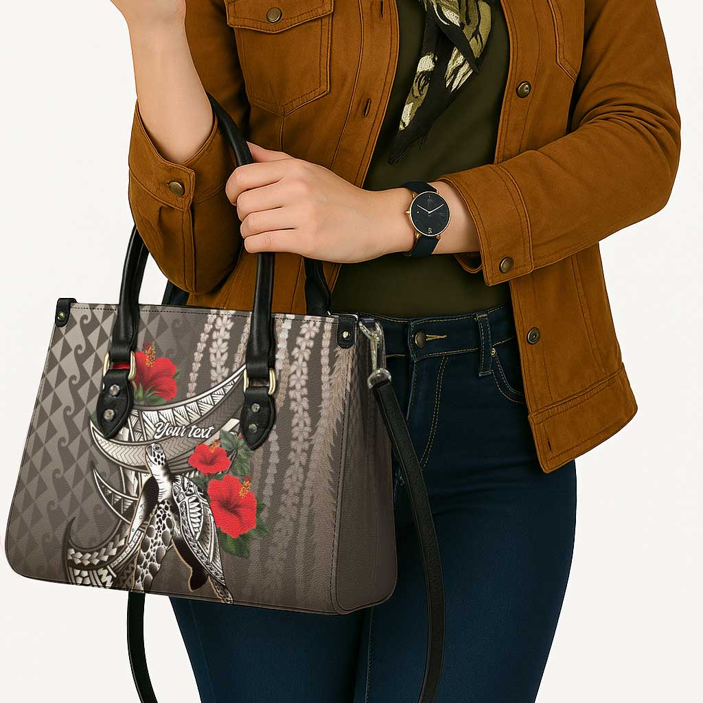 Hawaiian Honu Personalized Leather Bag Mocha Mousse Hibiscus Tribal Hook Pattern