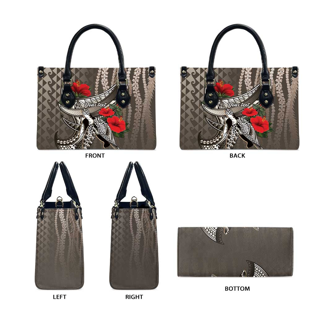 Hawaiian Honu Personalized Leather Bag Mocha Mousse Hibiscus Tribal Hook Pattern