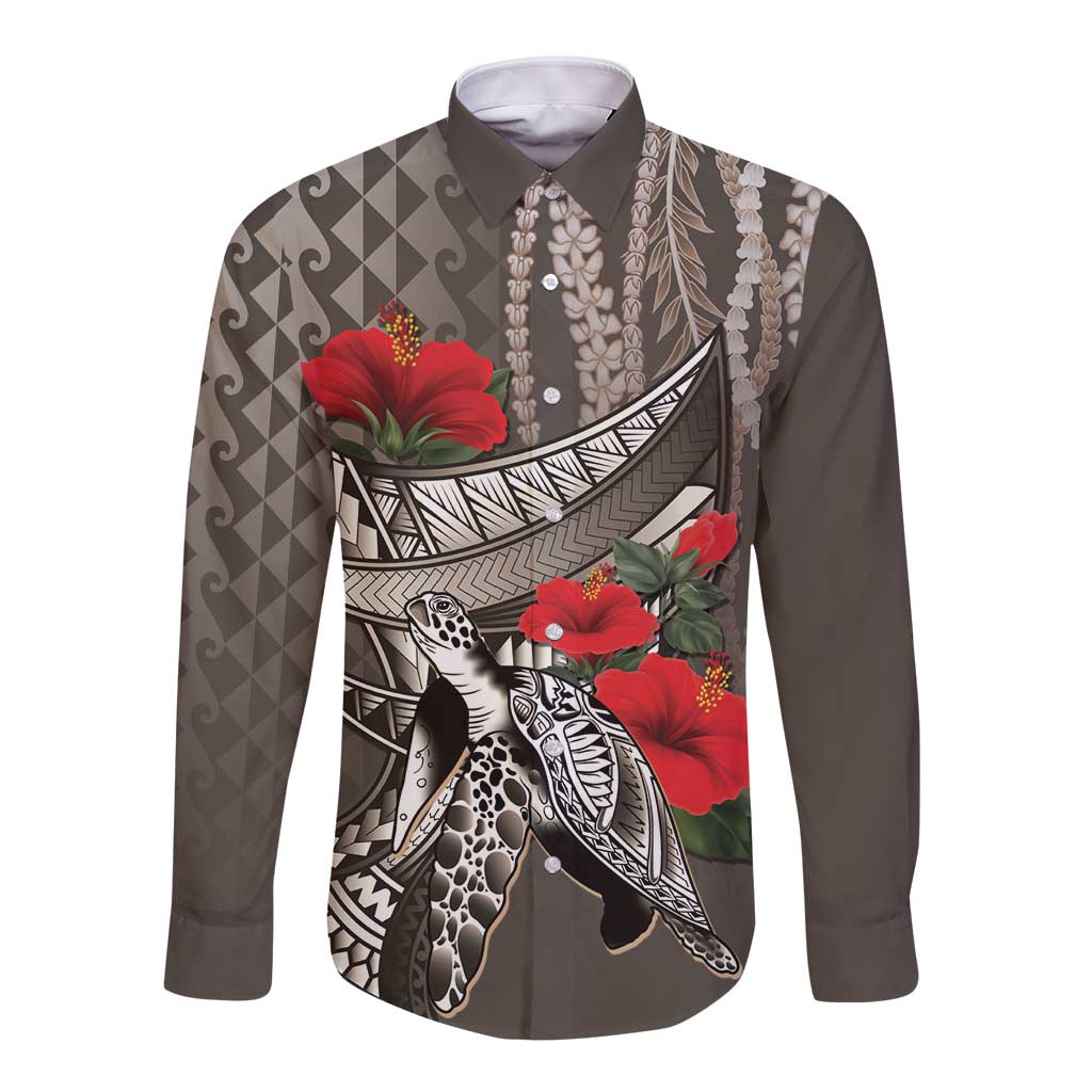 Hawaiian Honu Personalized Long Sleeve Button Shirt Mocha Mousse Hibiscus Tribal Hook Pattern