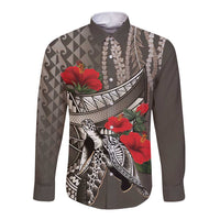 Hawaiian Honu Personalized Long Sleeve Button Shirt Mocha Mousse Hibiscus Tribal Hook Pattern
