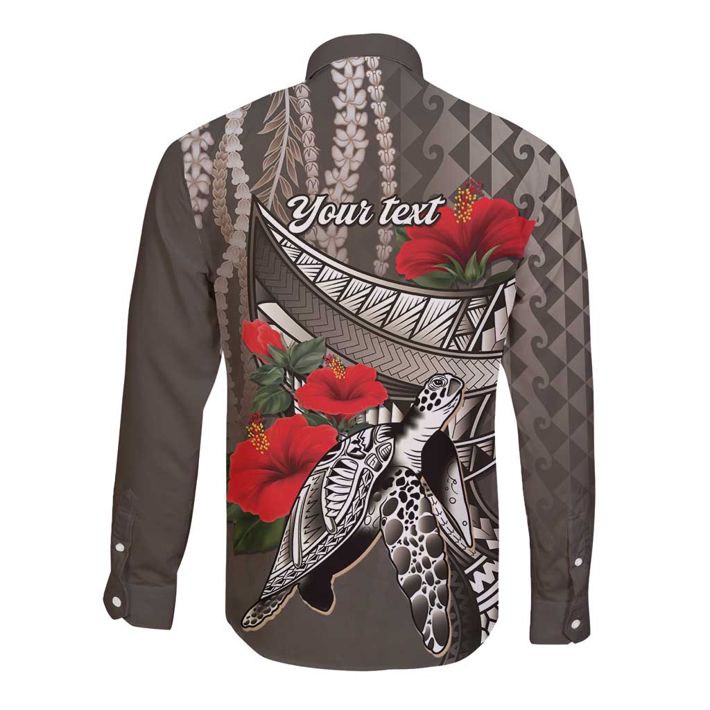Hawaiian Honu Personalized Long Sleeve Button Shirt Mocha Mousse Hibiscus Tribal Hook Pattern