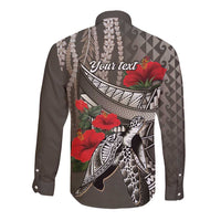 Hawaiian Honu Personalized Long Sleeve Button Shirt Mocha Mousse Hibiscus Tribal Hook Pattern