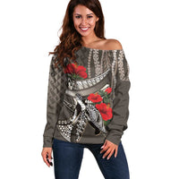 Hawaiian Honu Personalized Off Shoulder Sweater Mocha Mousse Hibiscus Tribal Hook Pattern