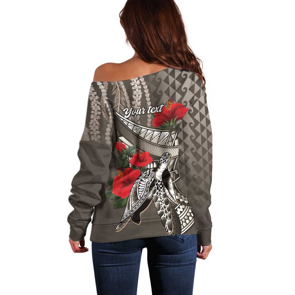 Hawaiian Honu Personalized Off Shoulder Sweater Mocha Mousse Hibiscus Tribal Hook Pattern