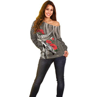 Hawaiian Honu Personalized Off Shoulder Sweater Mocha Mousse Hibiscus Tribal Hook Pattern