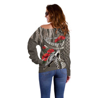 Hawaiian Honu Personalized Off Shoulder Sweater Mocha Mousse Hibiscus Tribal Hook Pattern